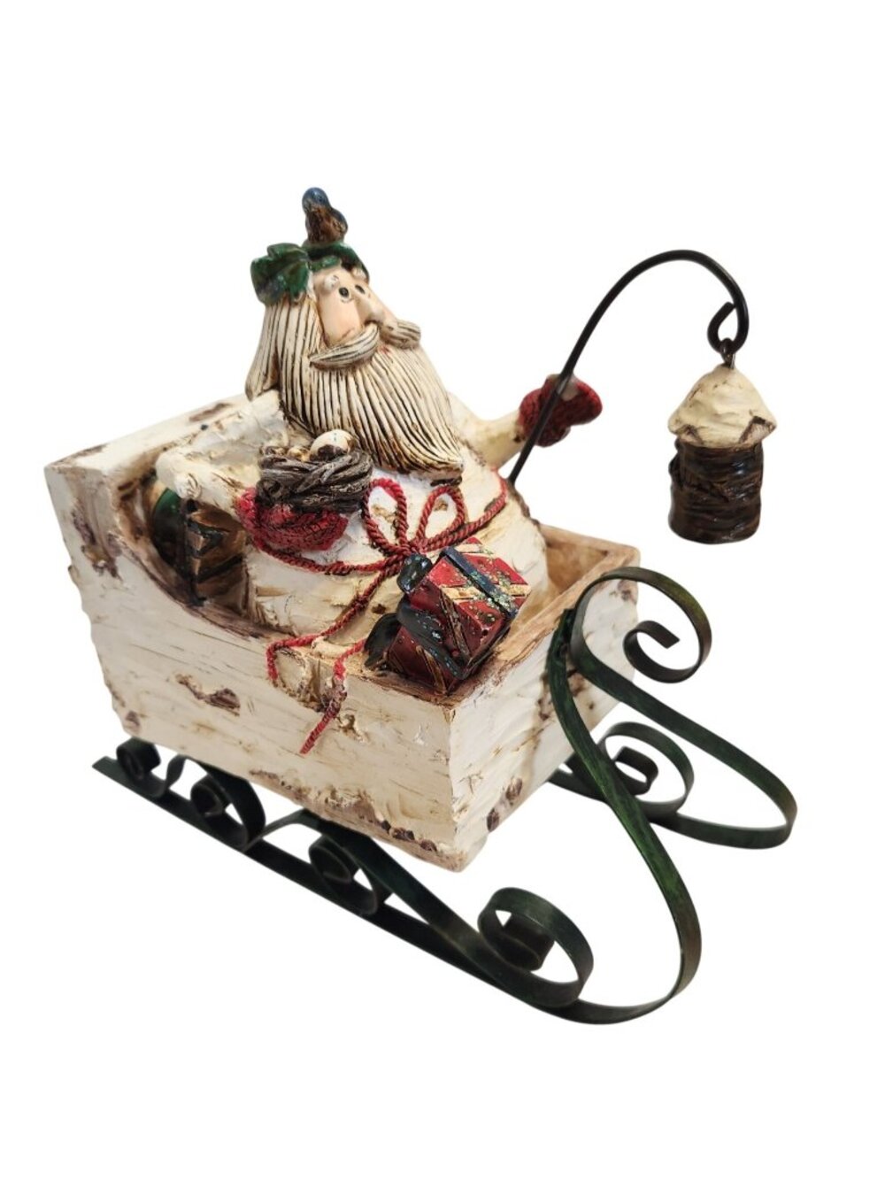 Nantucket Santa Claus Figurine In Wooden Sleigh With Bird & Nest Gift Details